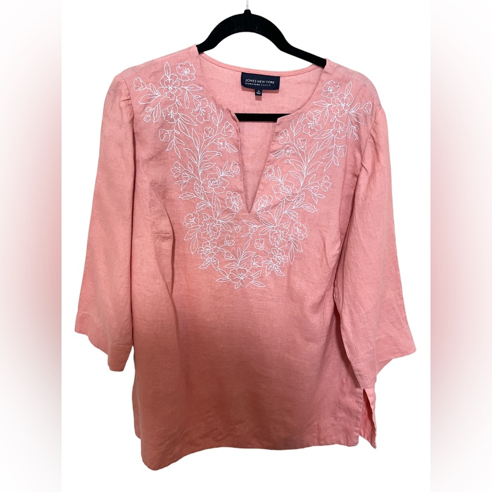 Jones New York 1X Linen Embroidered Top Popover Coral Resort Vacation Beach